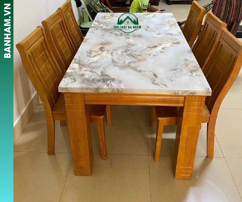 Mẫu bàn ăn Khung gỗ Trắc, mặt đá bền chắc