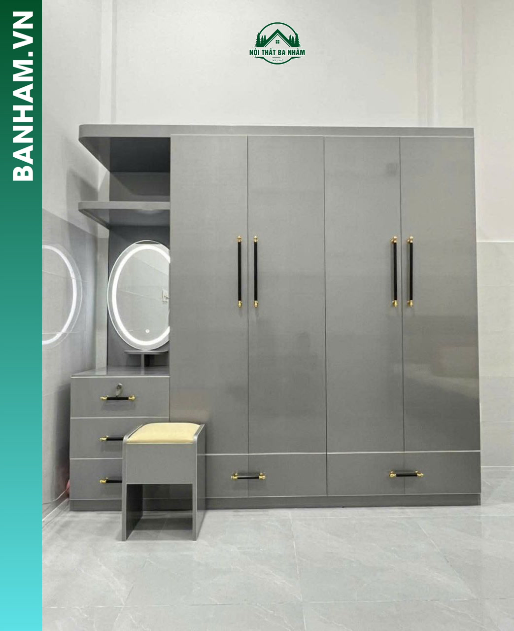 Mẫu Tủ Quần Áo 4 Cánh Kết Hợp Kệ Góc Và Ngăn Kéo