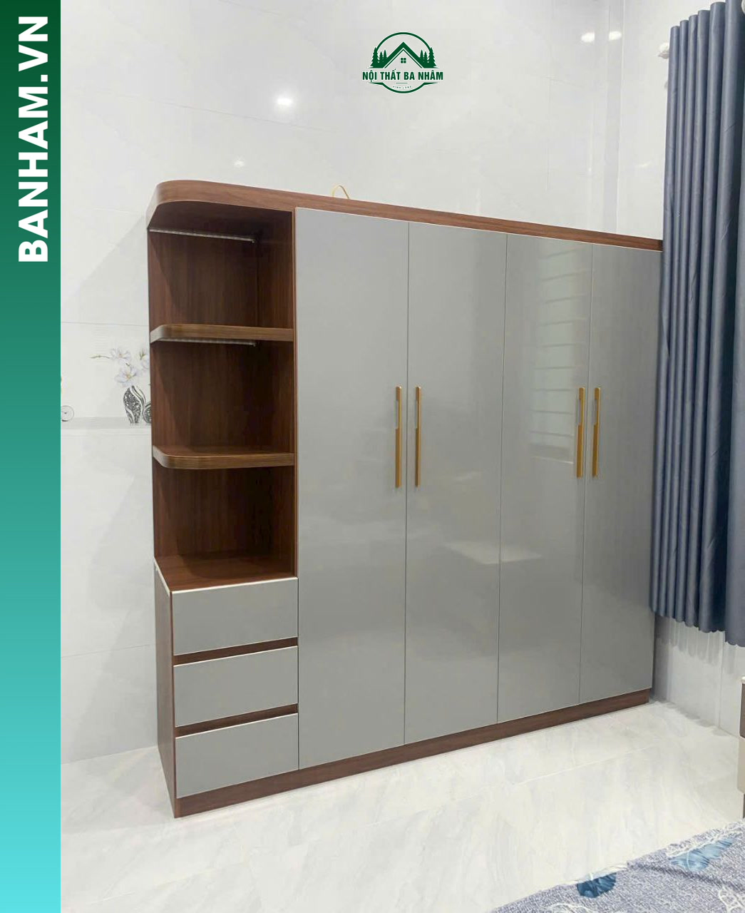 Mẫu Tủ Quần Áo 4 Cánh 2 Ngăn Kéo Phong Cách Tối Giản