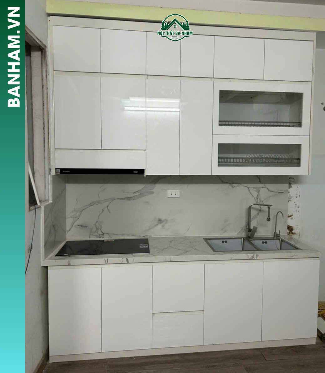 Tủ Bếp chữ I toàn màu trắng kịch trần