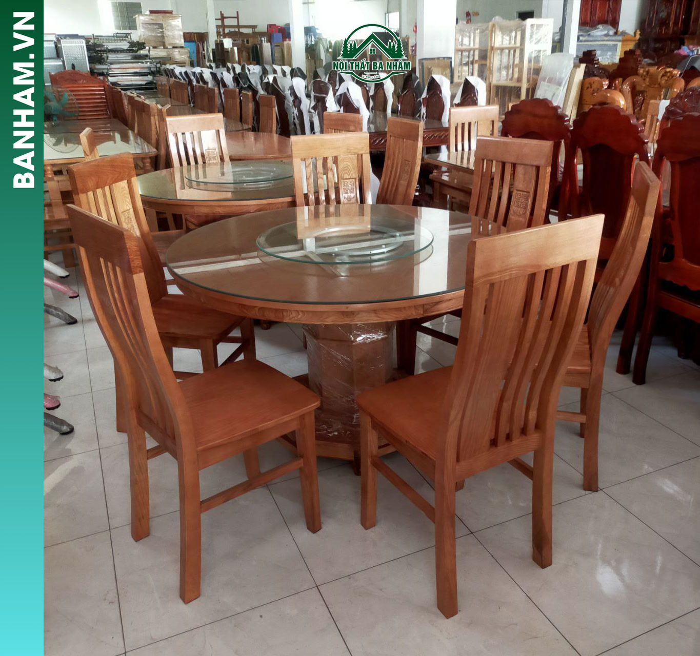 Bộ bàn ăn tròn gỗ mặt kính Bến Tre