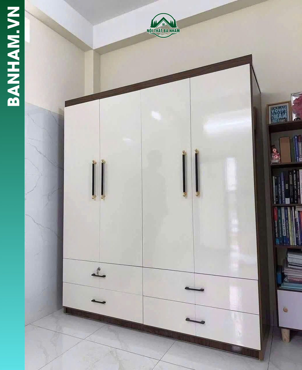 Tủ quần áo 4 cánh trắng viền nâu Bến Tre