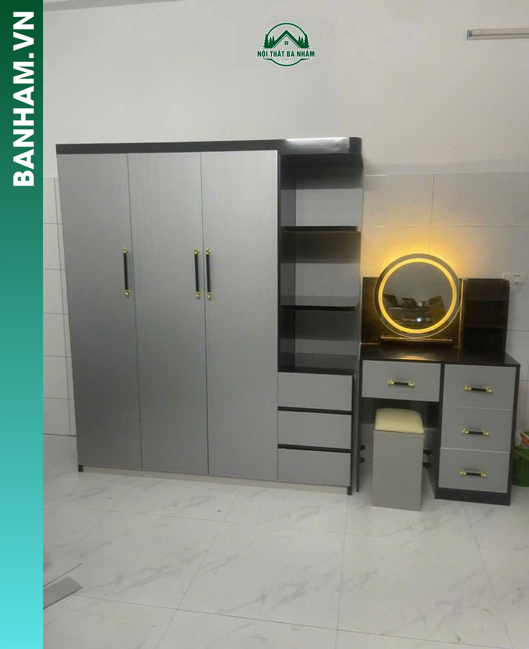 Tủ quần áo 4 cánh xám bàn trang điểm liền Bến Tre