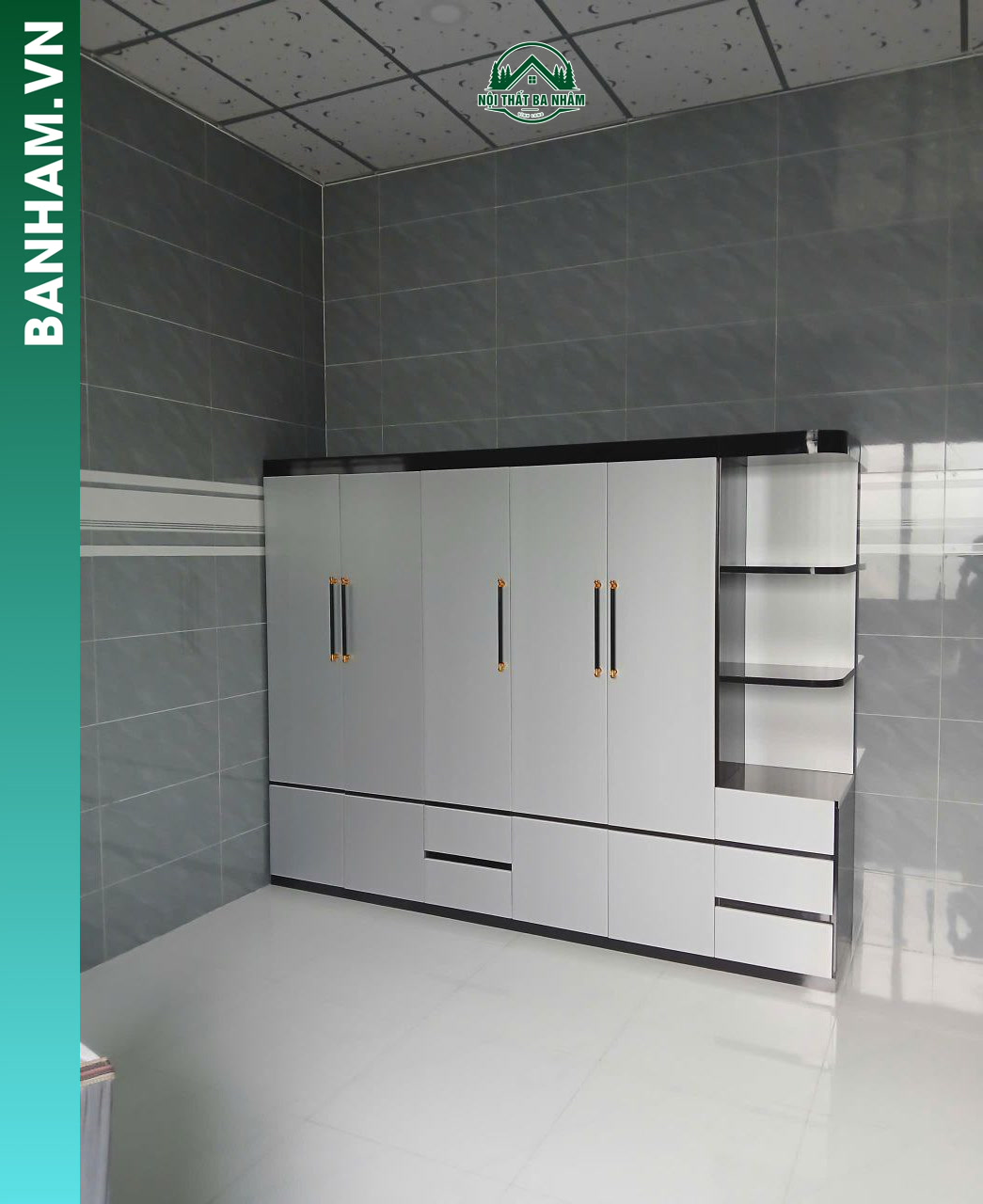 Tủ quần áo 4 cánh kệ hông bo góc Bến Tre