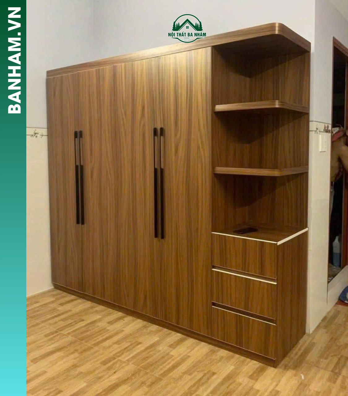 Tủ quần áo 4 cánh vân gỗ óc chó kèm kệ góc Bến Tre