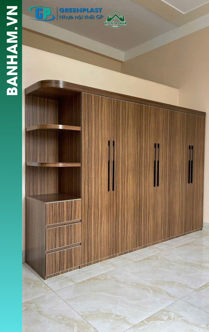 Tủ quần áo 4 cánh nhựa vân gỗ kệ hông Bến Tre