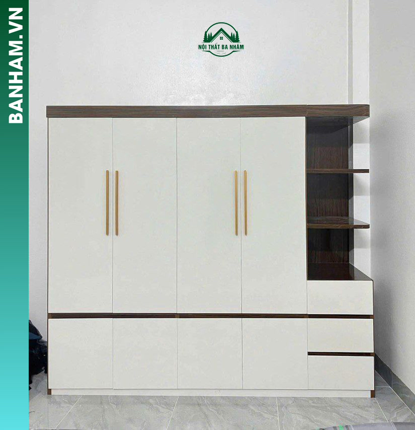 Tủ quần áo 4 cánh trắng kệ hông 2 ngăn kéo Bến Tre