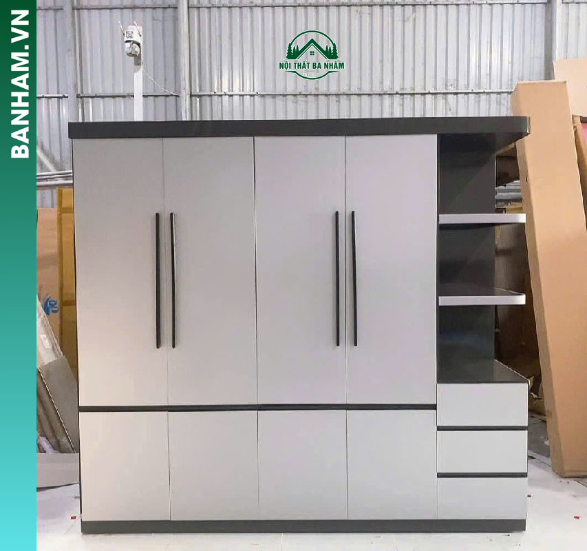 Tủ quần áo 4 cánh trắng kệ hông 3 ngăn kéo Bến Tre