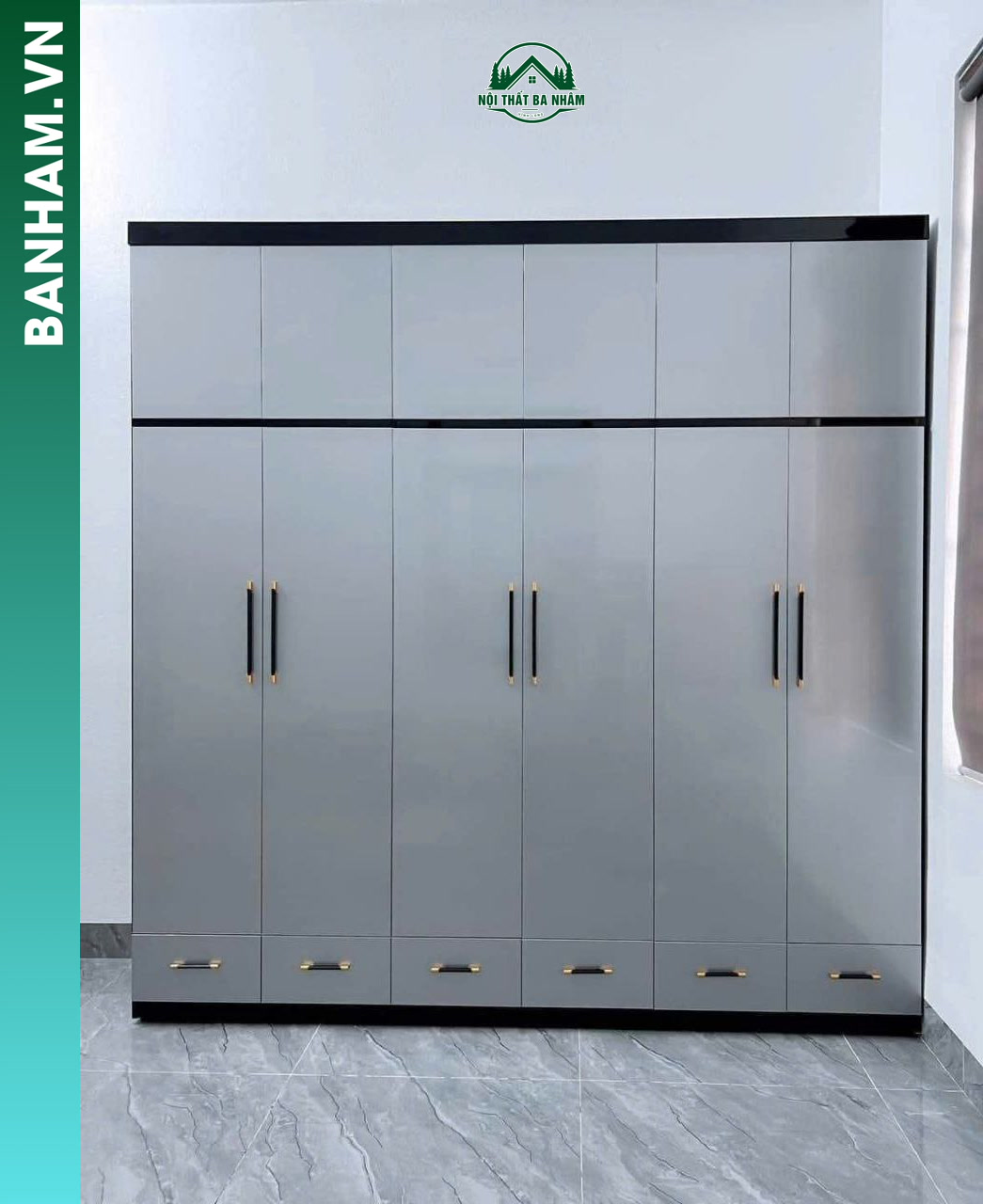 Tủ quần áo 6 cánh xám viền đen 6 ngăn kéo Bến Tre