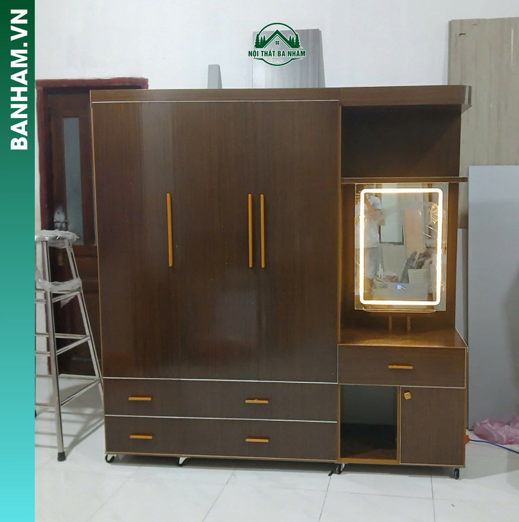 Tủ quần áo 3 cánh vân gỗ bàn trang điểm gương LED vuông Bến Tre