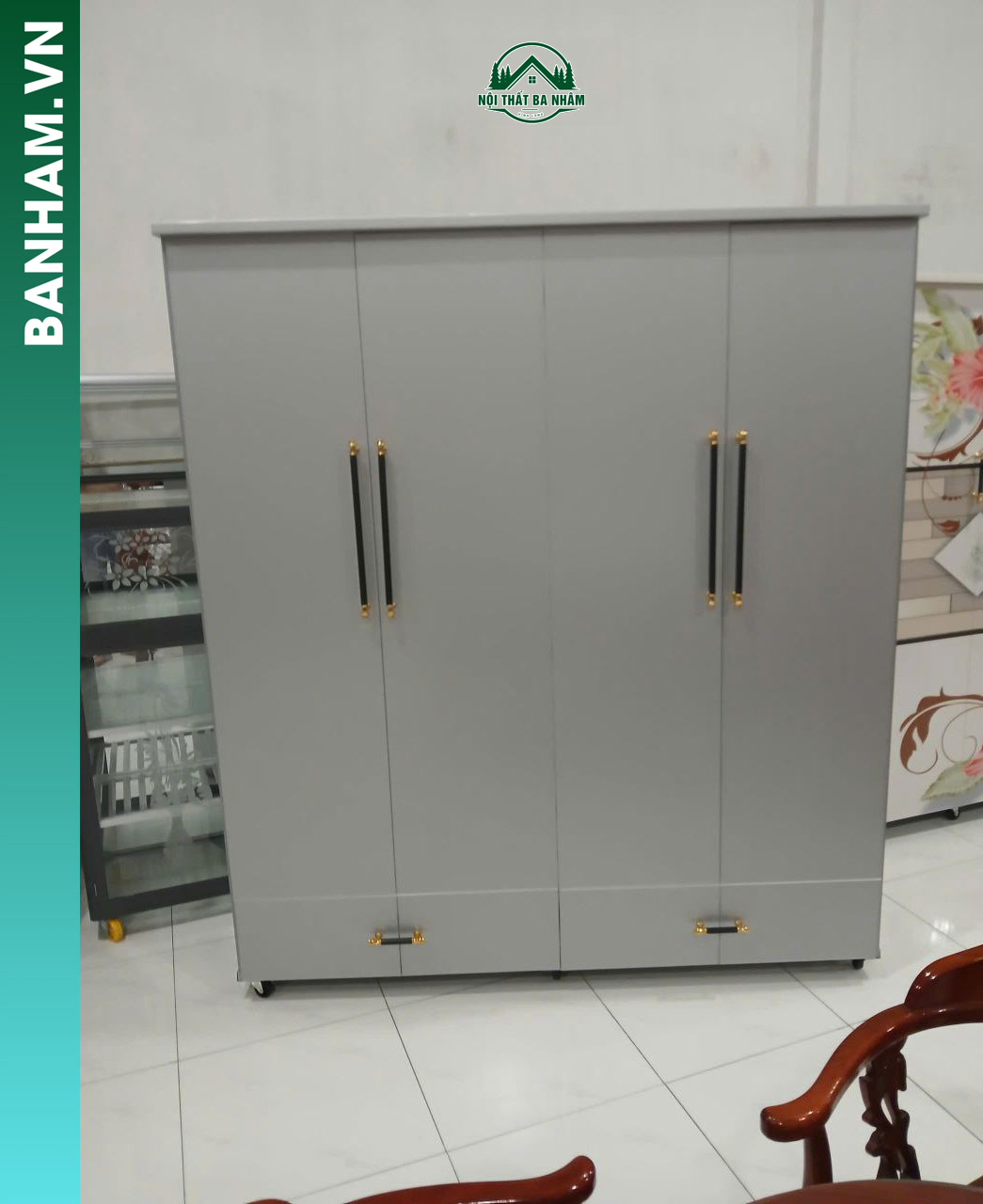 Tủ quần áo 4 cánh xám tay nắm đen vàng Bến Tre