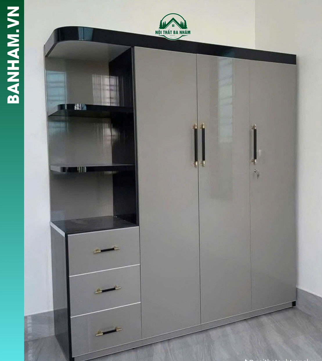 Tủ quần áo 3 cánh xám kệ hông 3 ngăn kéo Bến Tre