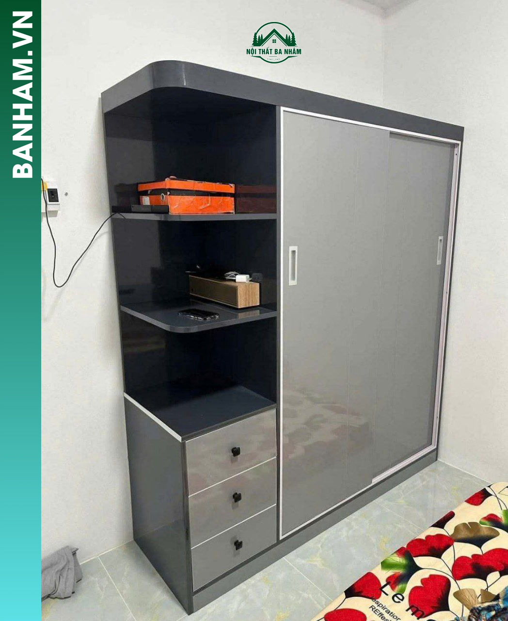 Tủ quần áo cửa lùa 2 cánh xám kệ hông 3 ngăn kéo Bến Tre