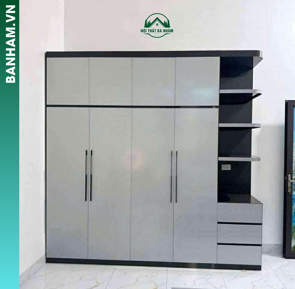 Tủ quần áo 4 cánh xám kệ hông 2 ngăn kéo Bến Tre