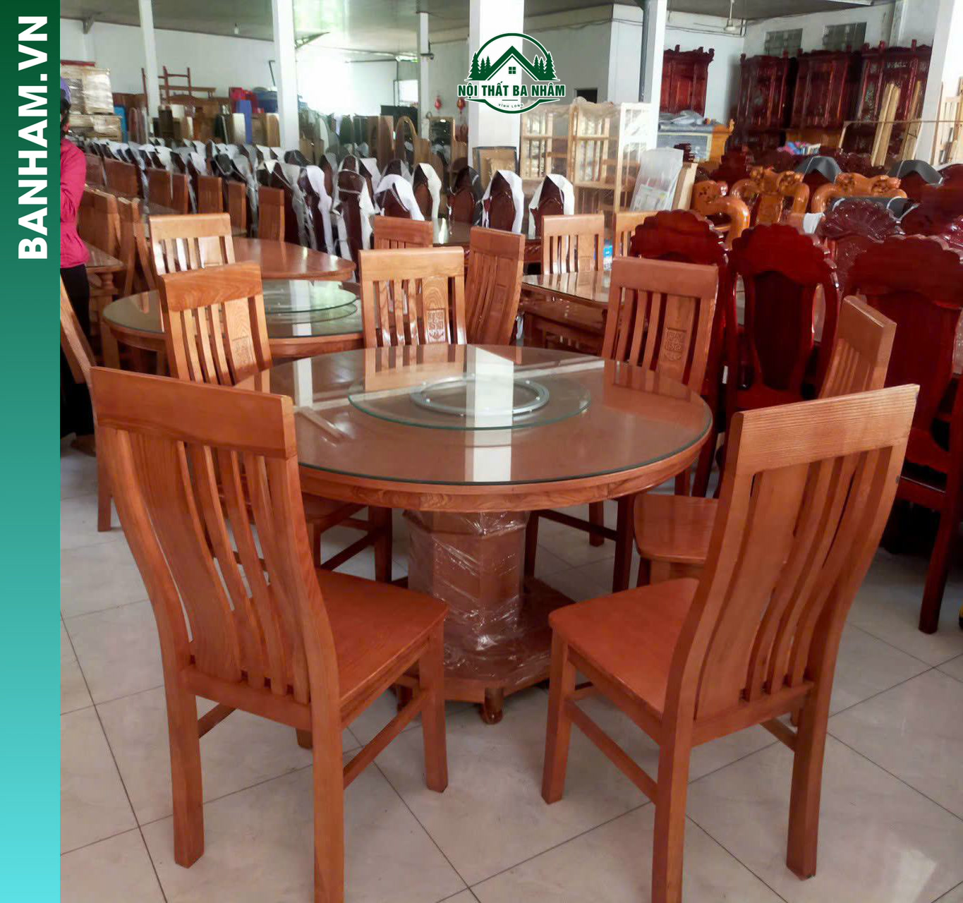 Bộ bàn ăn tròn gỗ mặt kính xoay