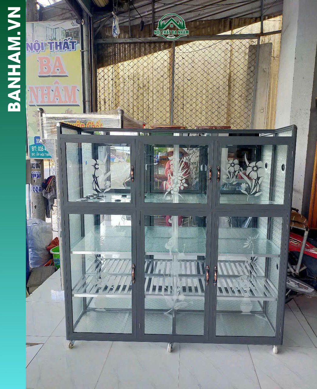 Tủ chén nhôm kính 2 tầng 6 cánh có bánh xe
