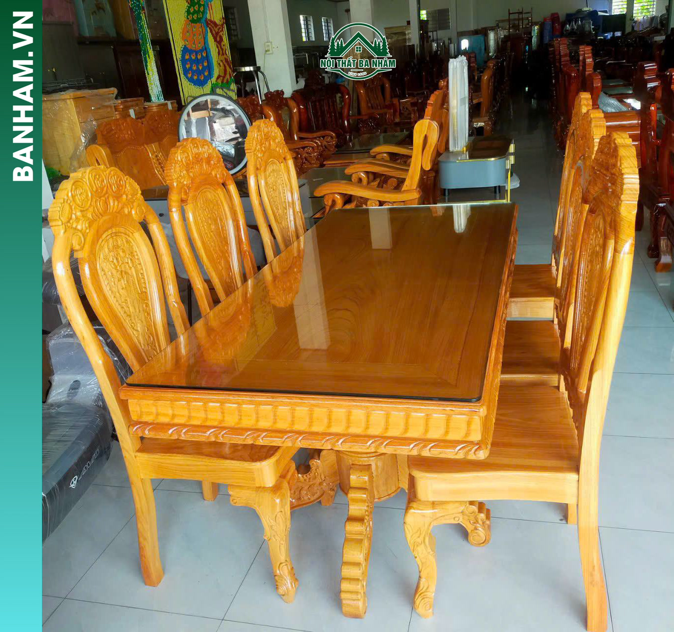 Bộ bàn ăn gỗ tự nhiên mặt kính