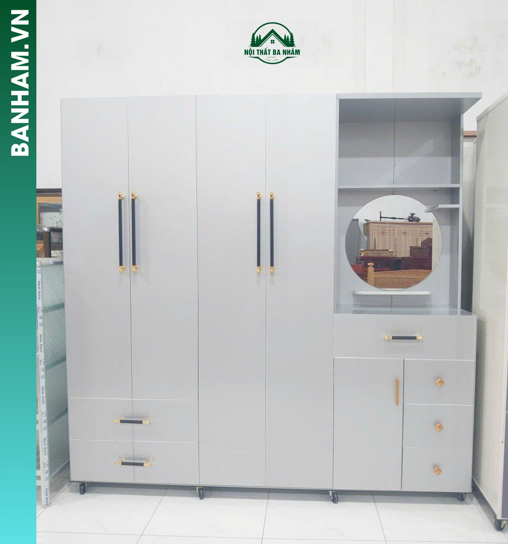 Tủ quần áo 4 cánh xám bàn trang điểm gương tròn Bến Tre