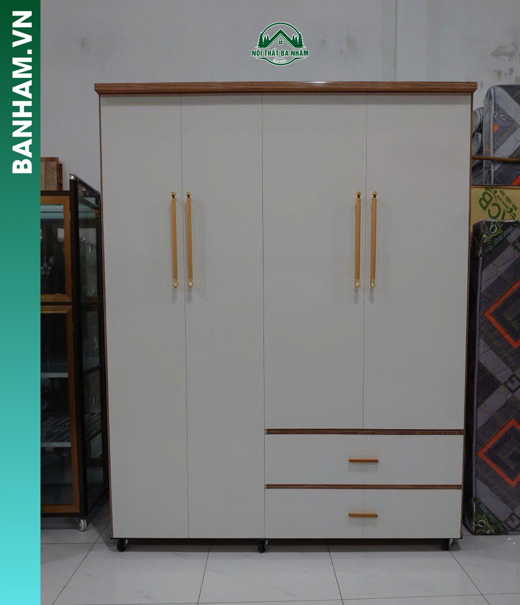 Tủ quần áo 4 cánh trắng viền nâu 2 ngăn kéo Bến Tre