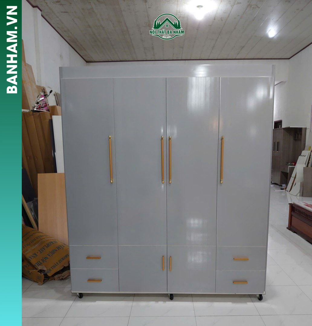 Tủ quần áo 4 cánh trắng bóng 4 ngăn kéo Bến Tre