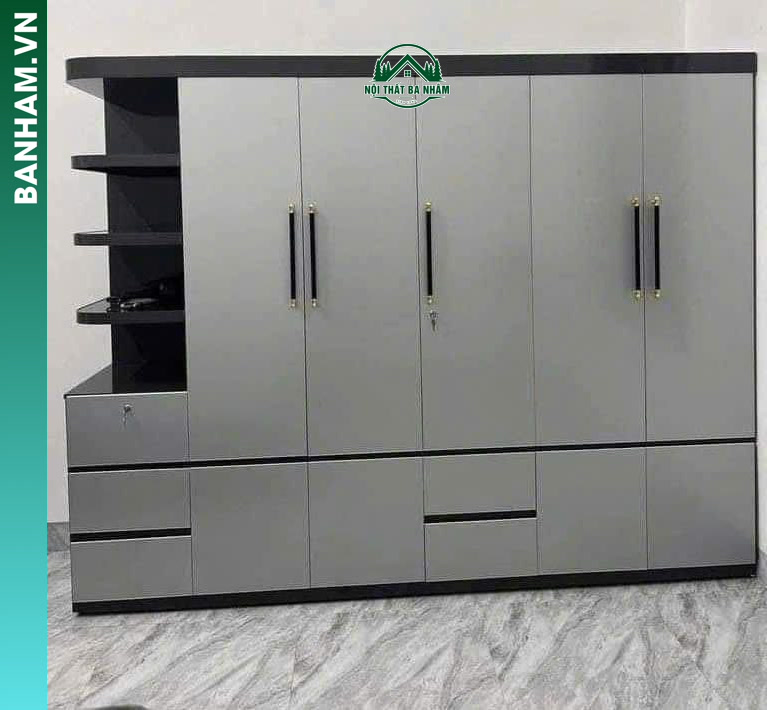 Tủ quần áo 6 cánh xám kệ hông nhiều ngăn kéo Bến Tre