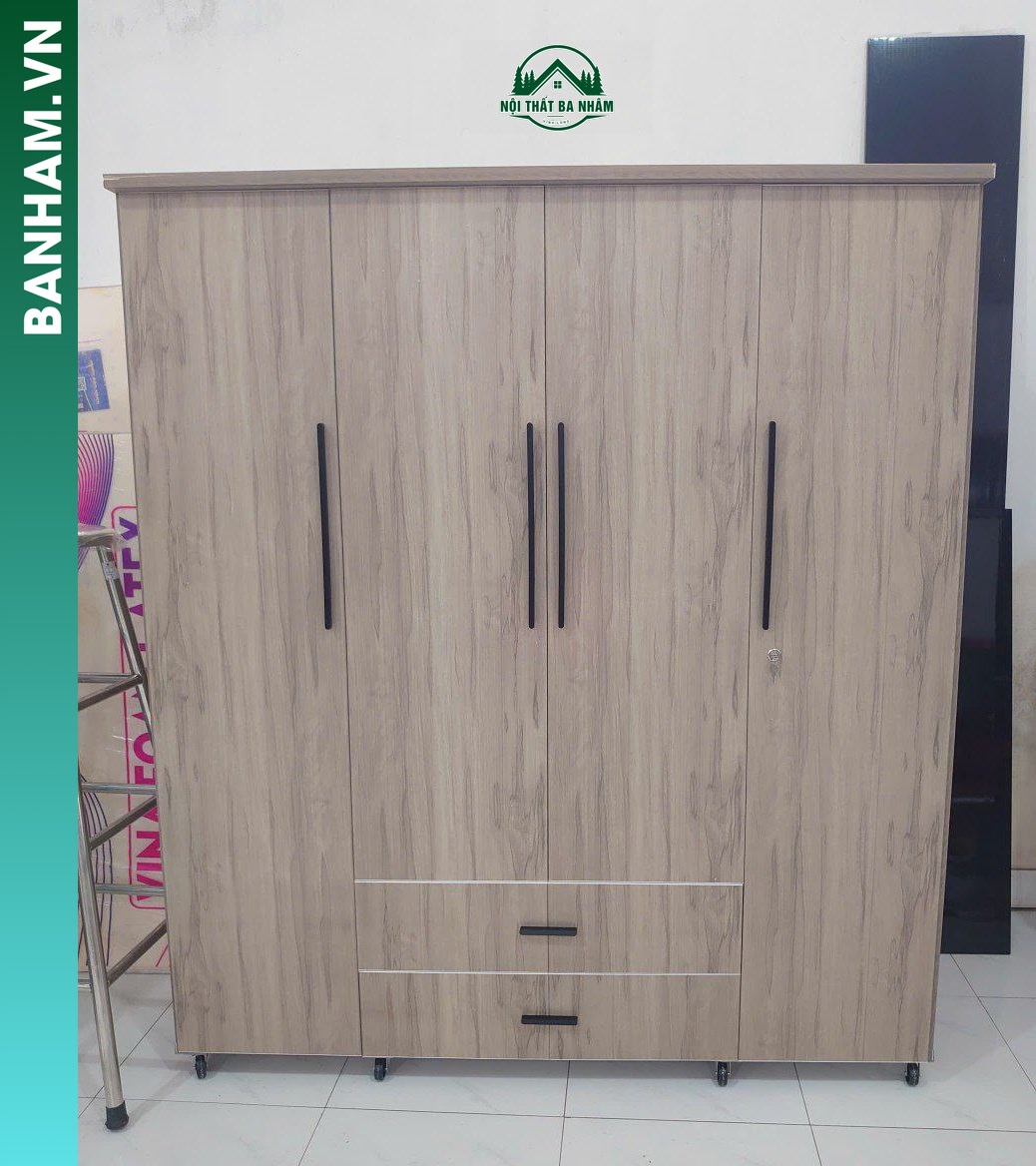 Tủ quần áo 4 cánh vân gỗ sáng 2 ngăn kéo Bến Tre