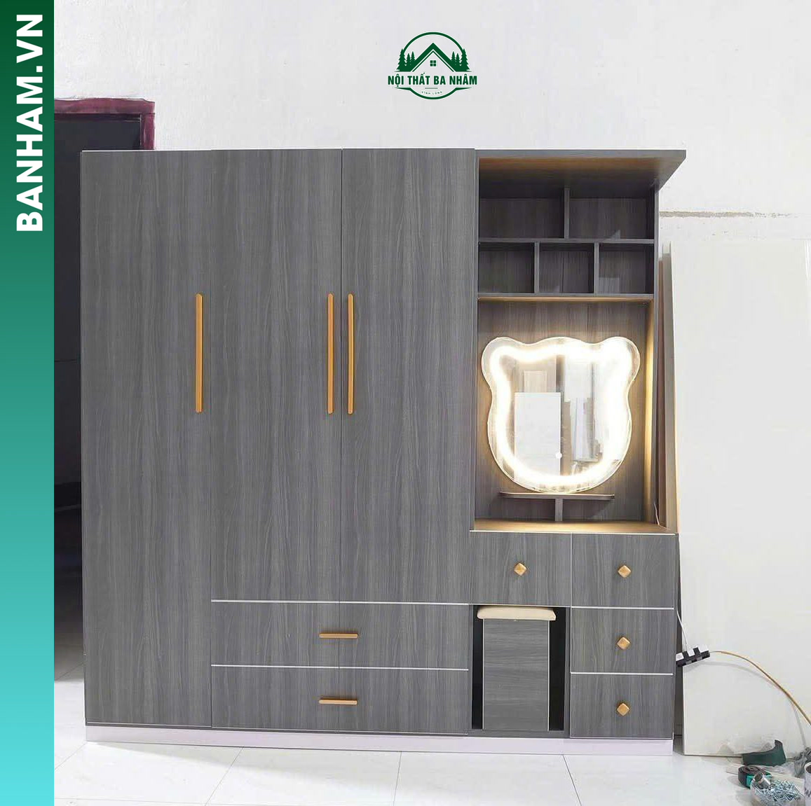 Tủ quần áo 3 cánh xám bàn trang điểm LED 5 ngăn kéo Bến Tre