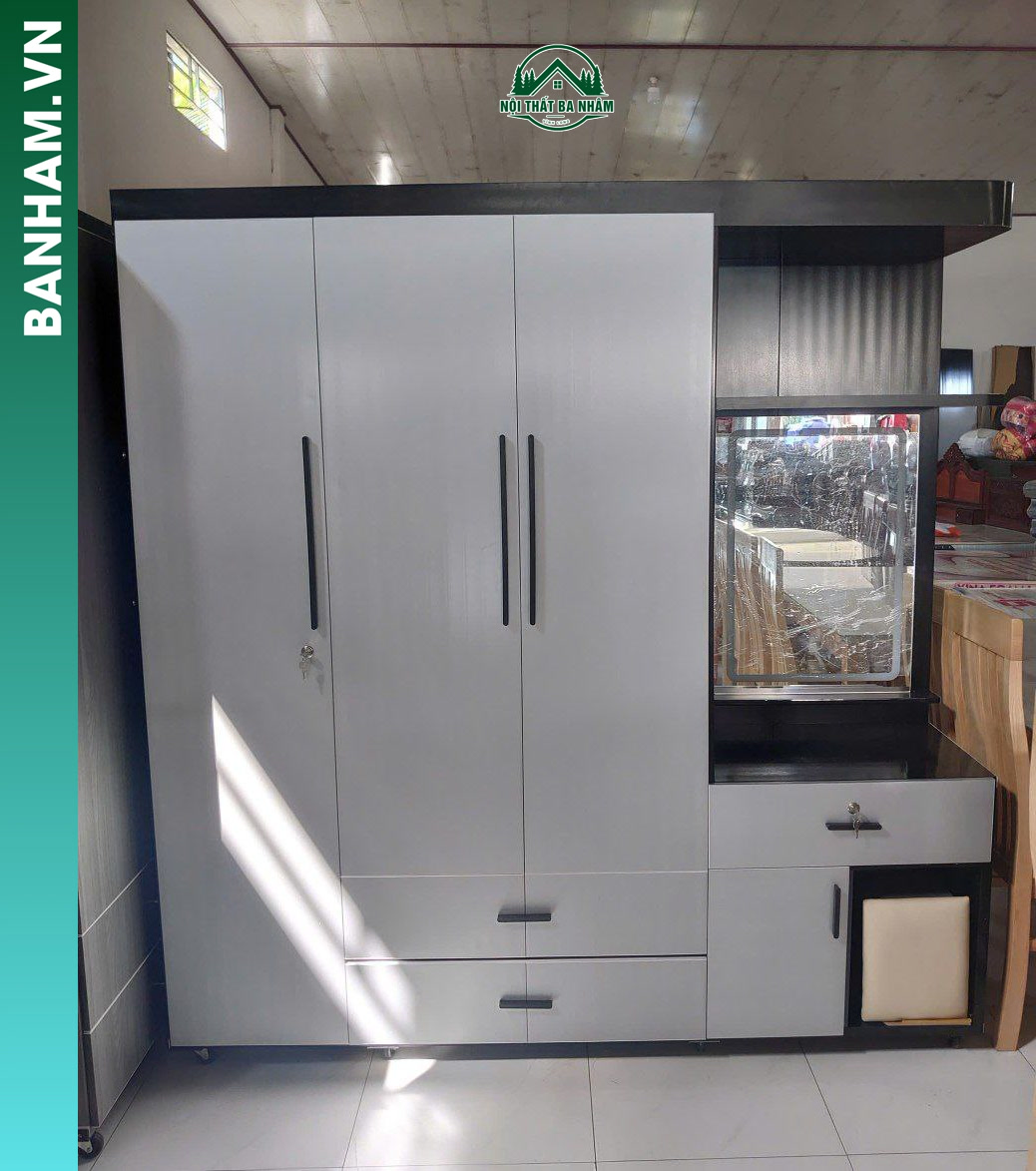 Tủ quần áo 3 cánh trắng đen bàn trang điểm 2 ngăn kéo Bến Tre