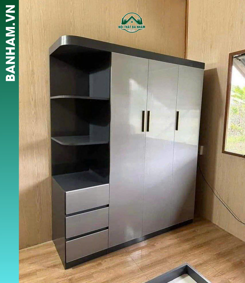 Tủ quần áo 3 cánh xám kệ cong 3 ngăn kéo Bến Tre