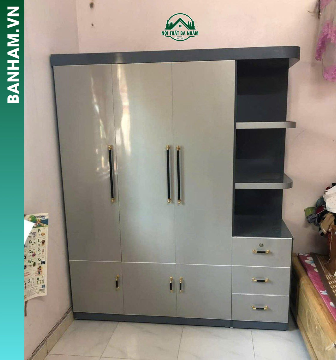 Tủ quần áo 4 cánh xám kệ hông 5 ngăn kéo Bến Tre
