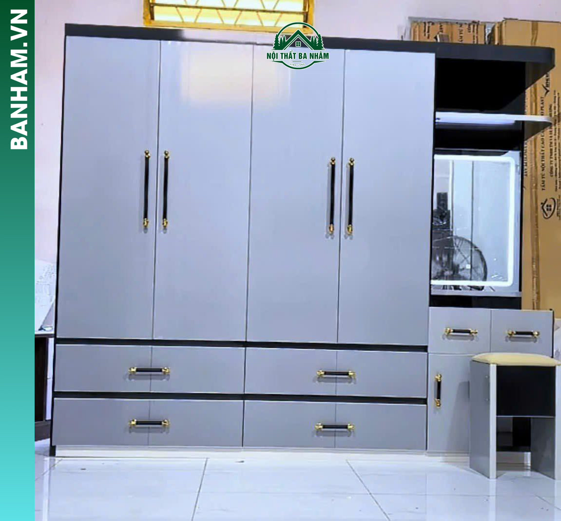 Tủ quần áo 5 cánh xám bàn trang điểm 4 ngăn kéo Bến Tre