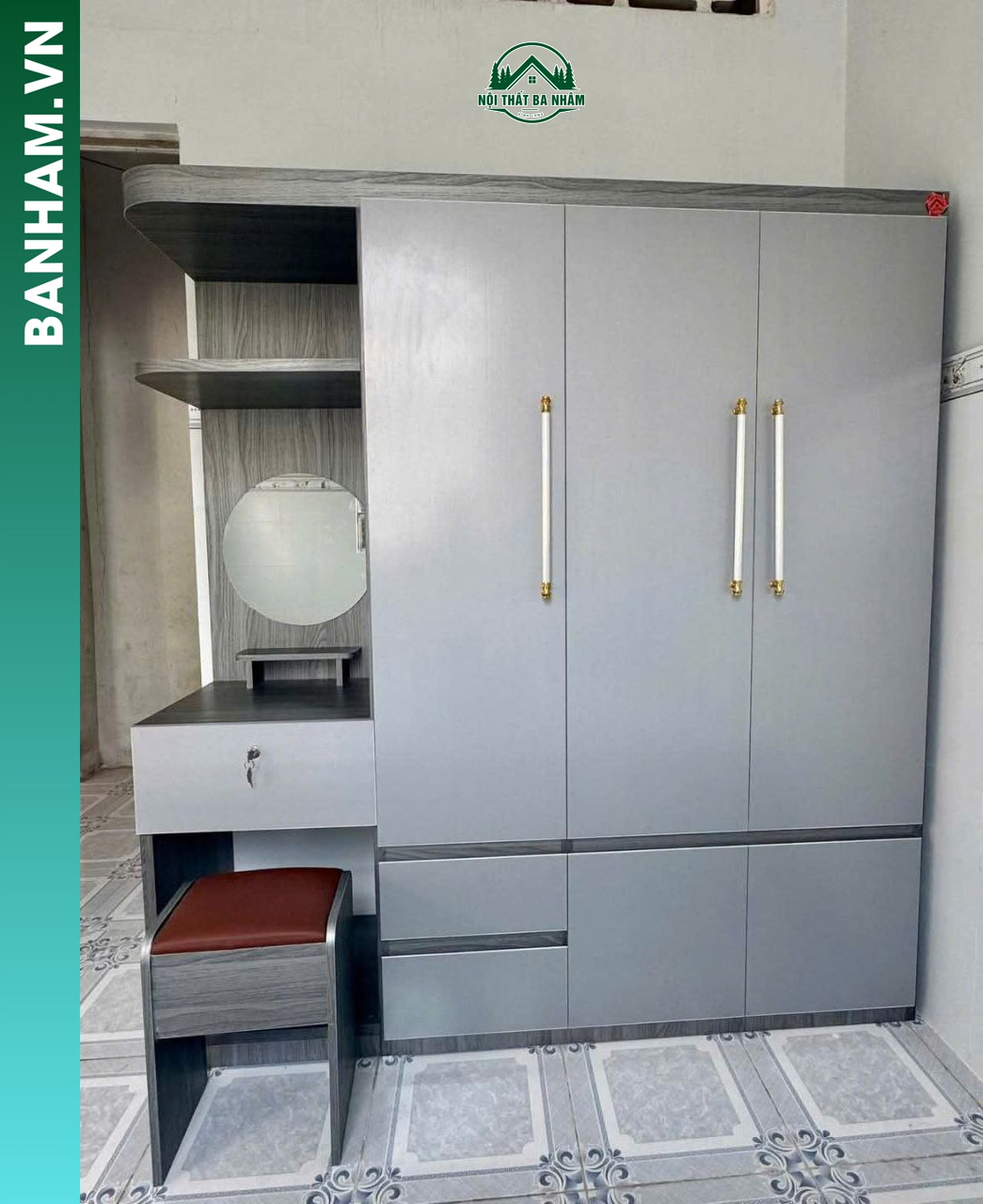 Tủ quần áo 3 cánh xám bàn trang điểm 4 ngăn kéo Bến Tre