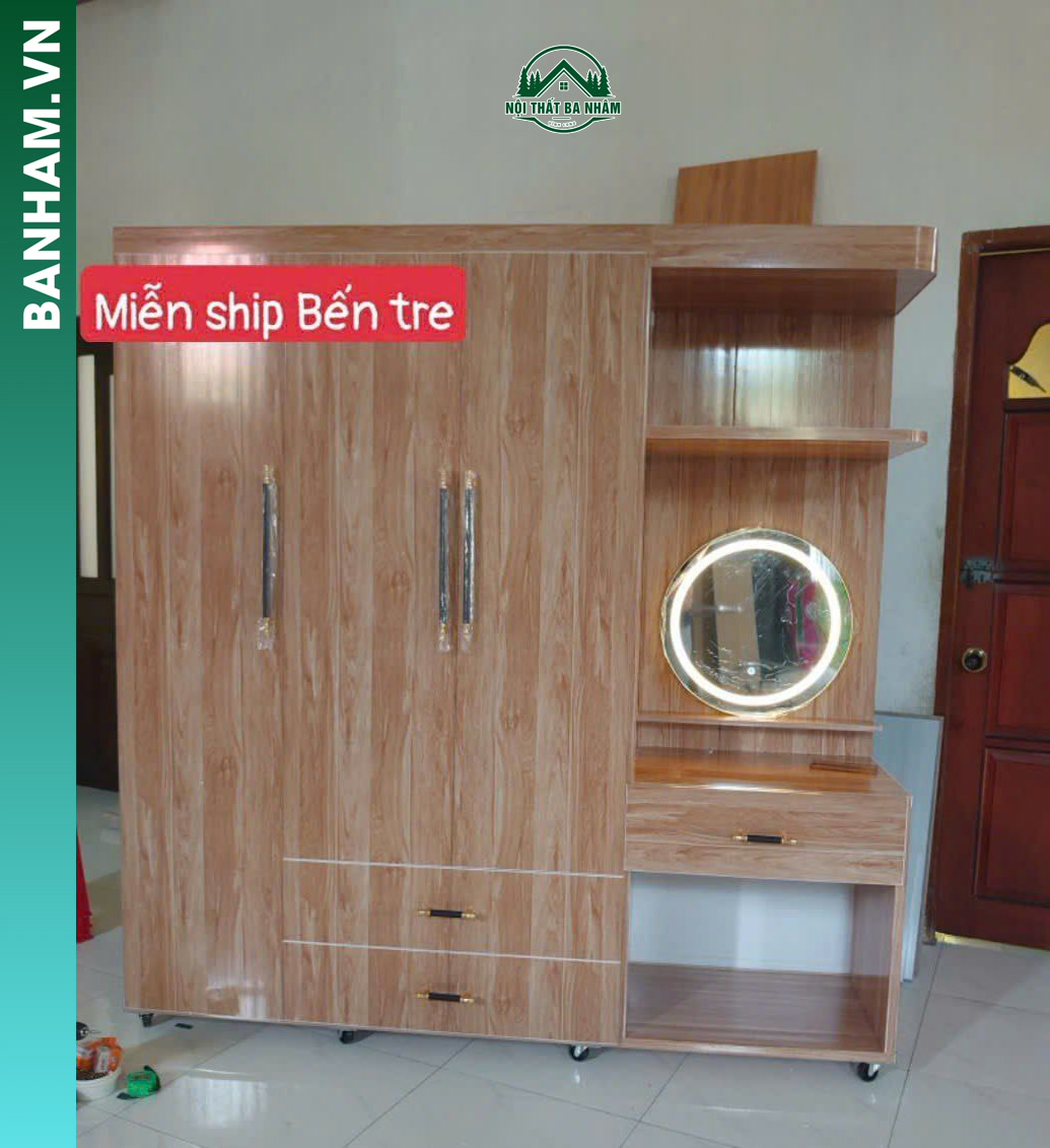 Tủ quần áo 3 cánh vân gỗ bàn trang điểm LED Bến Tre