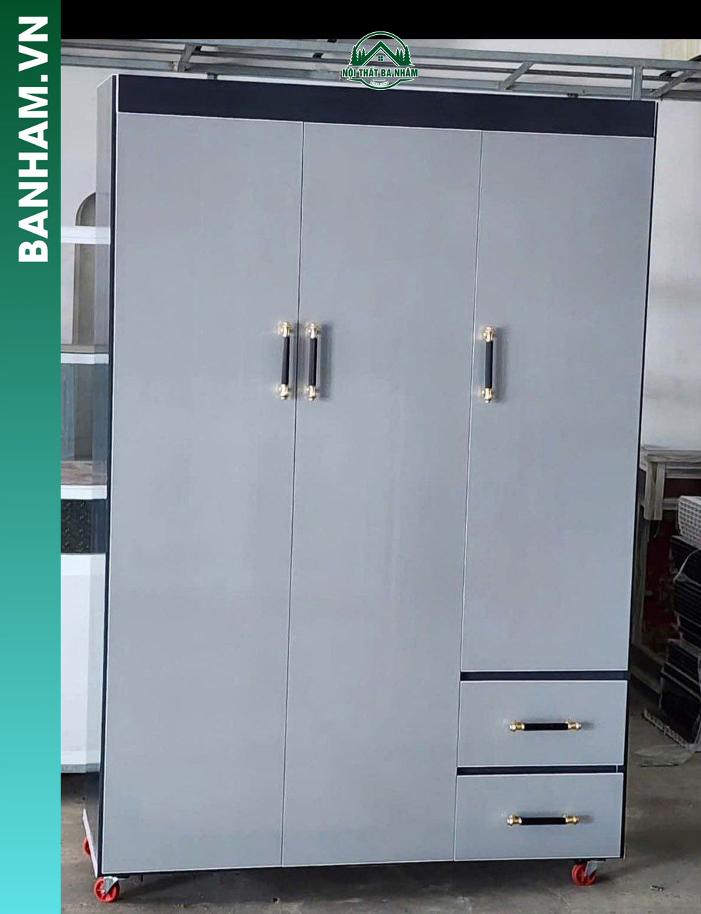 Tủ quần áo 3 cánh xám 2 ngăn kéo Bến Tre