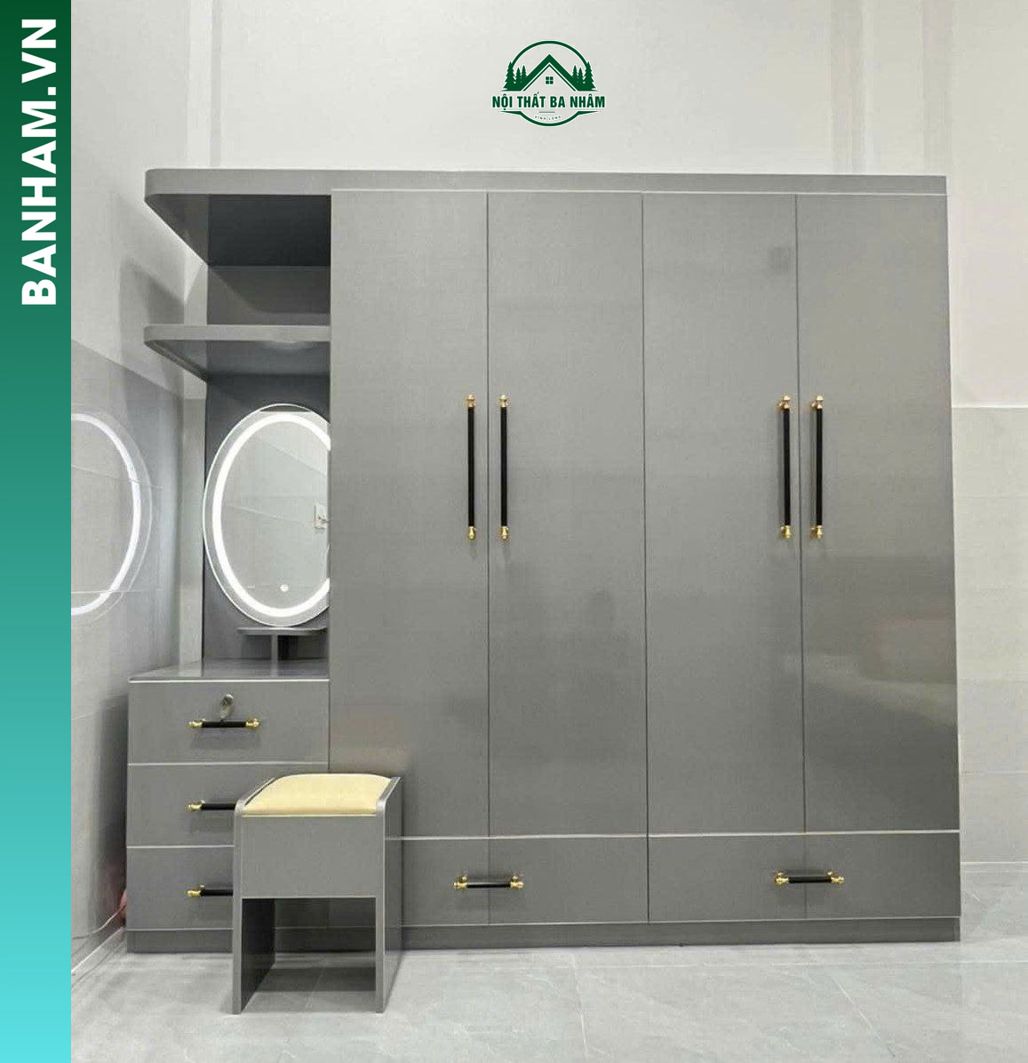 Tủ quần áo 4 cánh xám bàn trang điểm LED Bến Tre