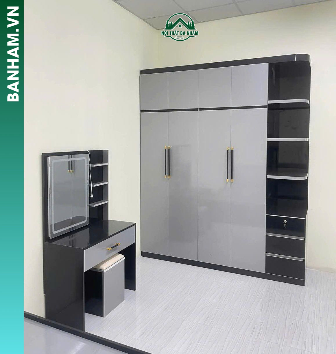 Tủ quần áo 4 cánh xám kệ hông 3 ngăn kéo Bến Tre