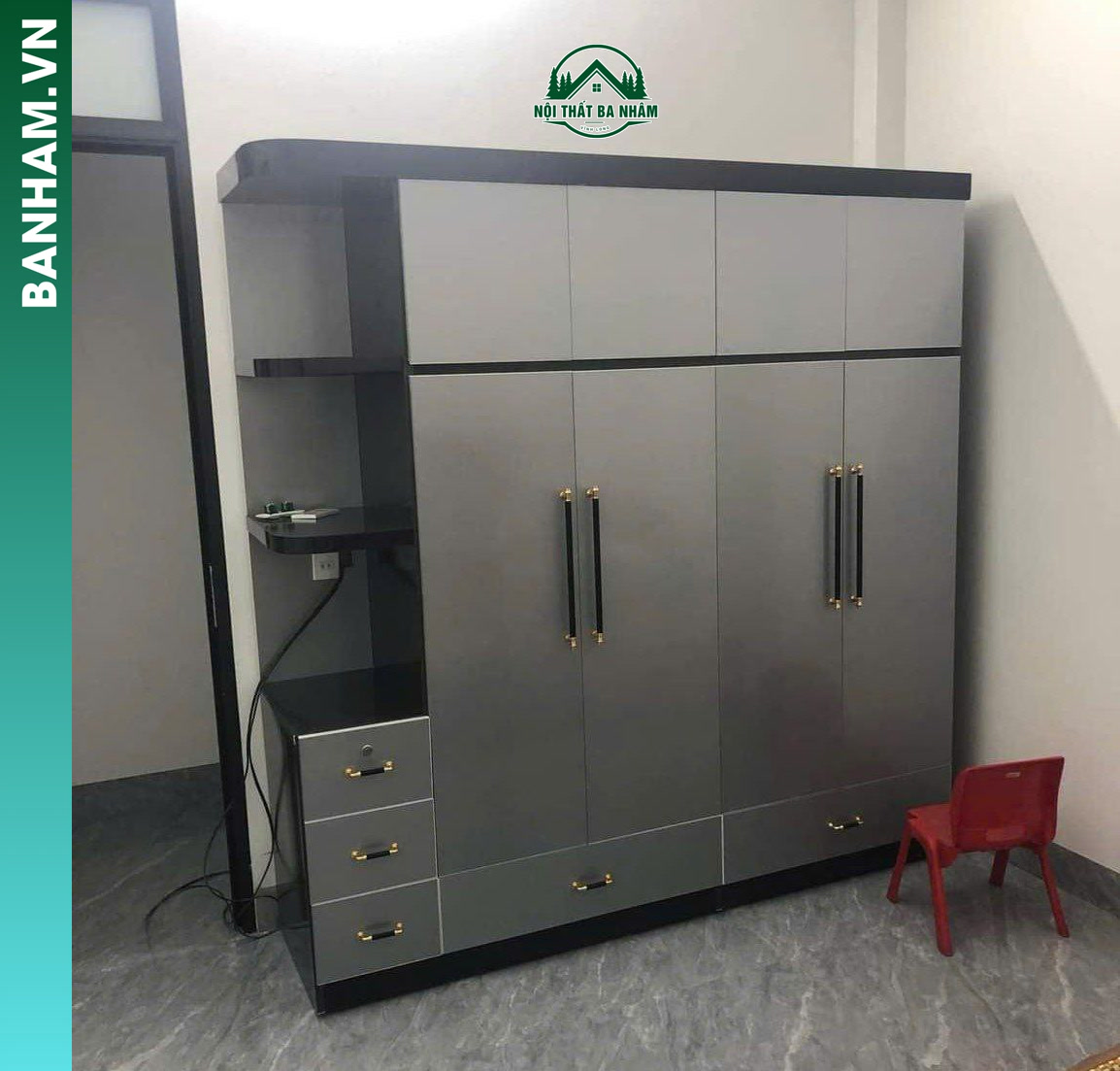 Tủ quần áo 4 cánh xám kệ hông 4 ngăn kéo Bến Tre