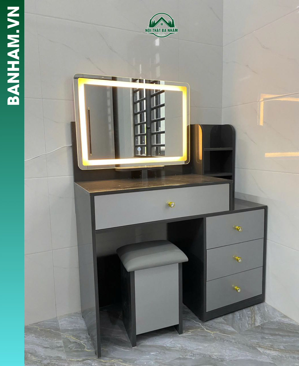 Bàn trang điểm vân gỗ kệ hông 3 ngăn kéo gương LED Bến Tre