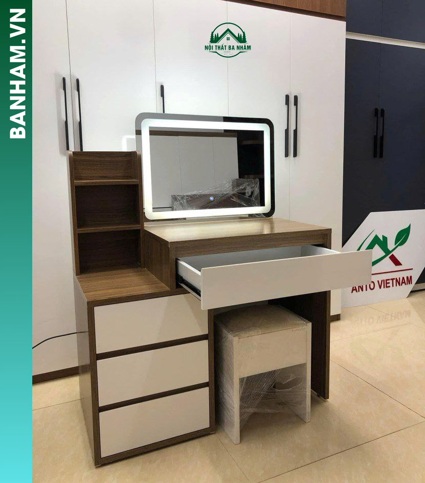 Bàn trang điểm vân gỗ gương tròn LED 4 ngăn kéo Bến Tre