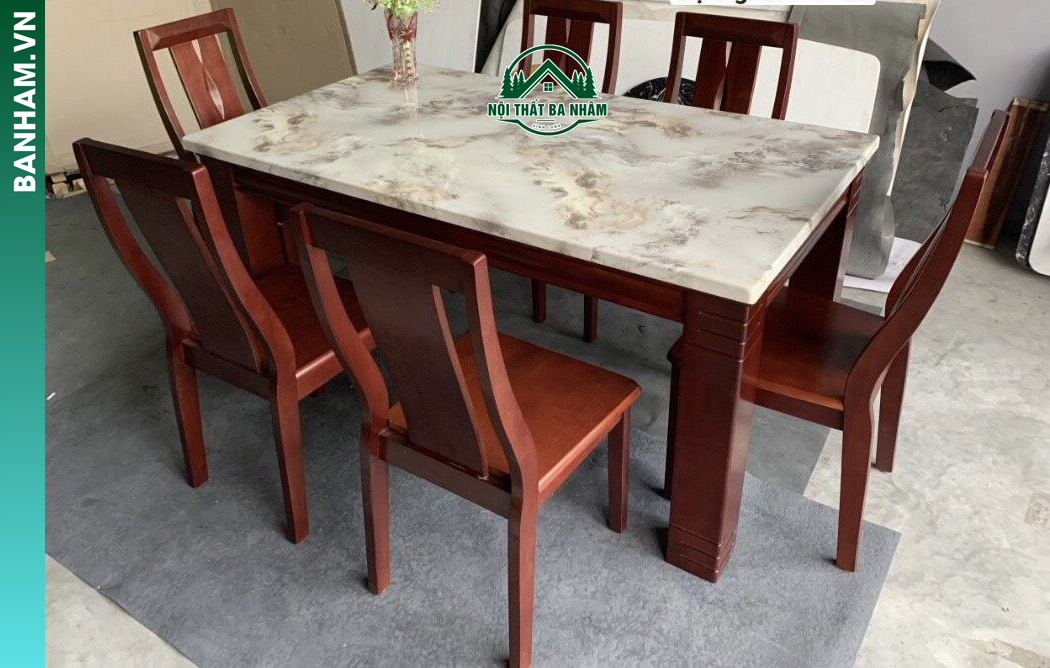 Bộ bàn ăn mặt đá 6 ghế gỗ tự nhiên tại Bến Tre