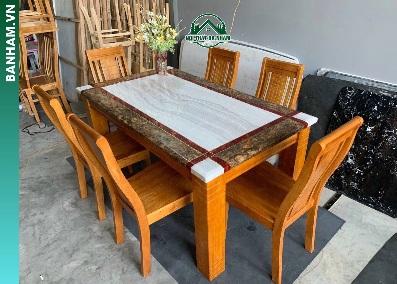 Bộ bàn ăn mặt đá 6 ghế gỗ sồi tại Bến Tre