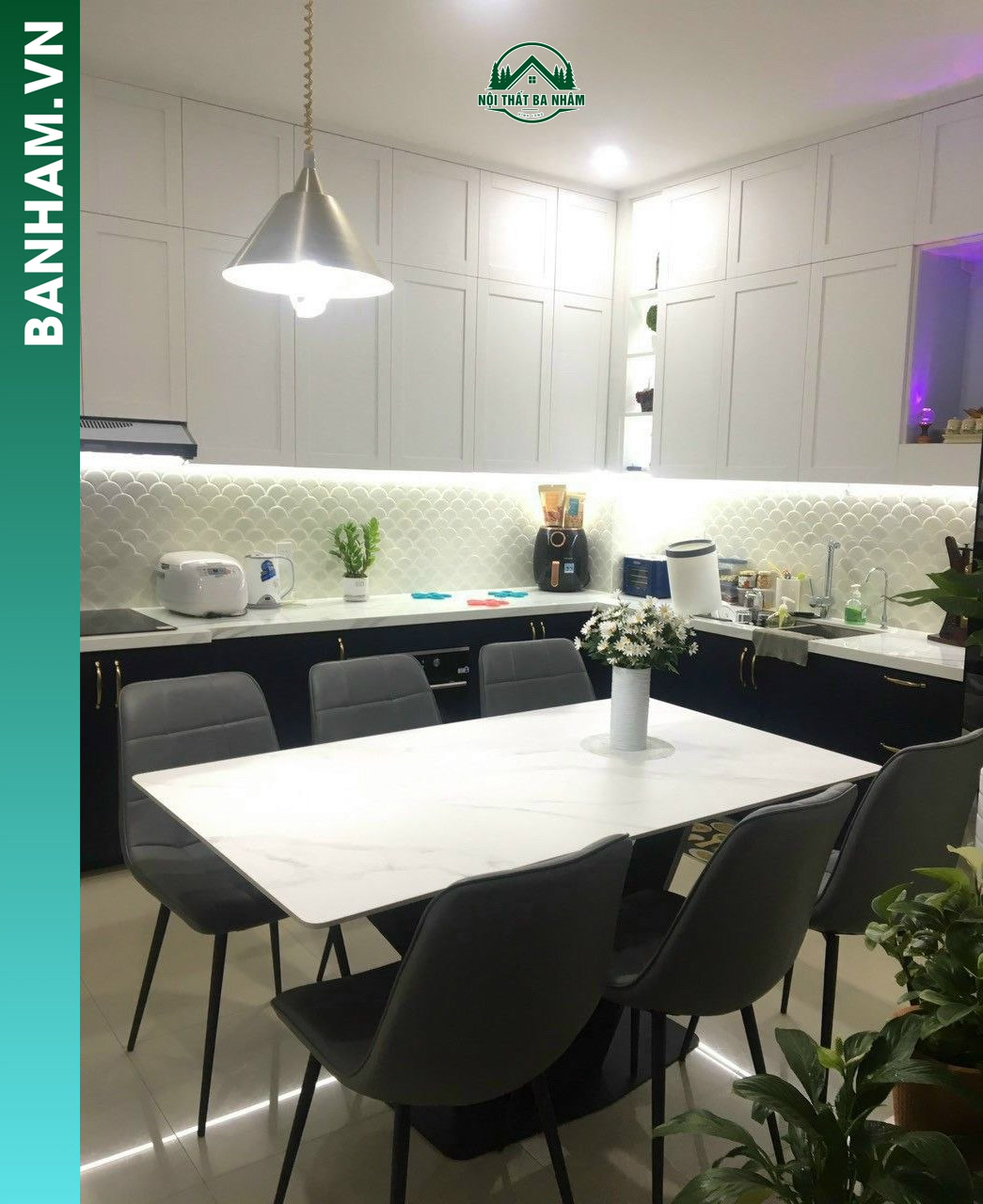 Bộ bàn ăn mặt đá trắng 6 ghế Bến Tre