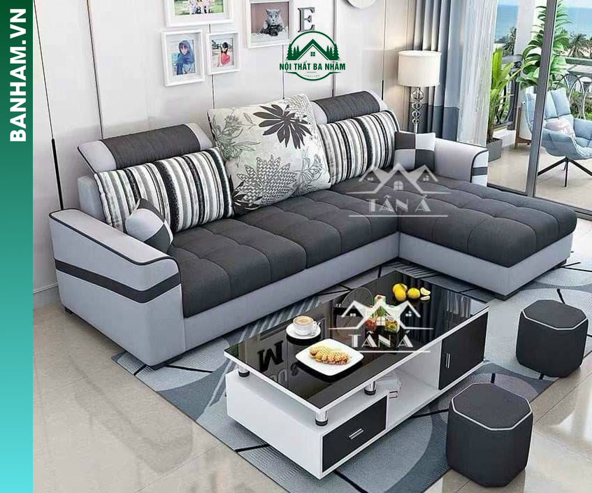 Bộ sofa góc chữ L vải nỉ hiện đại phối gối trang trí Bến Tre
