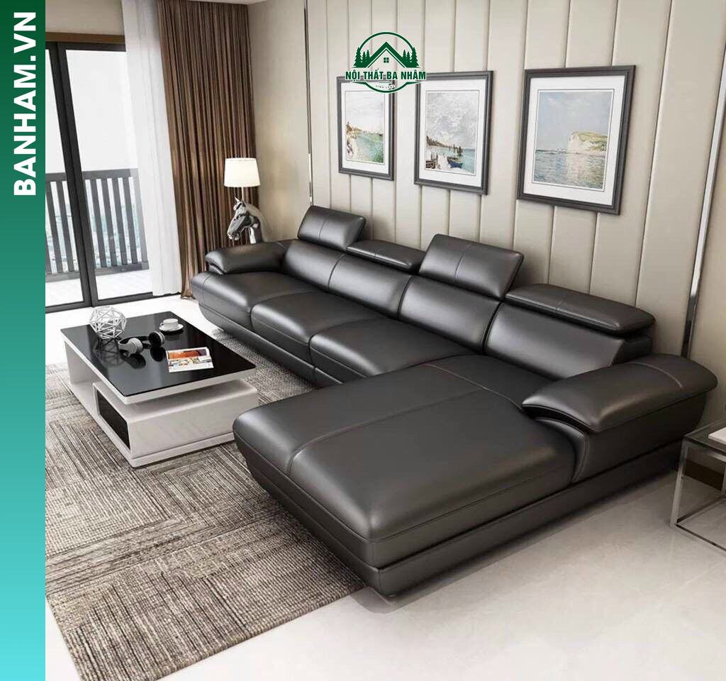 Bộ sofa góc chữ L da cao cấp màu đen Bến Tre