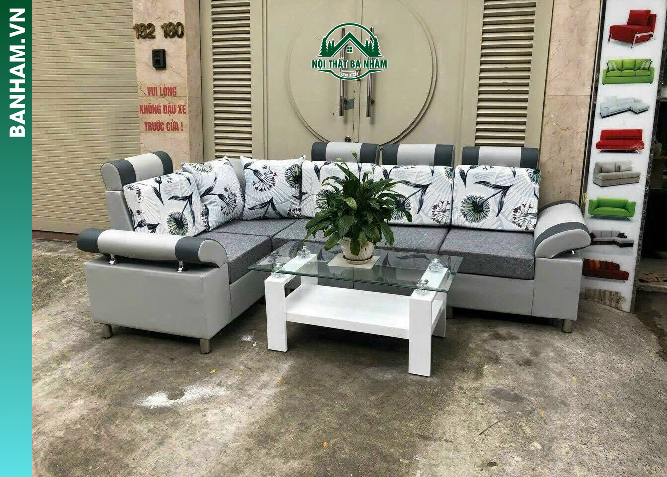 Bộ sofa góc chữ L hiện đại phối xám trắng Bến Tre