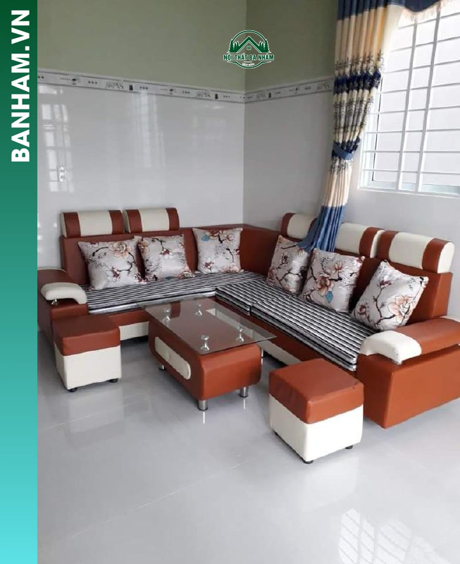 Bộ sofa góc chữ L da phối nâu kem kèm bàn trà Bến Tre