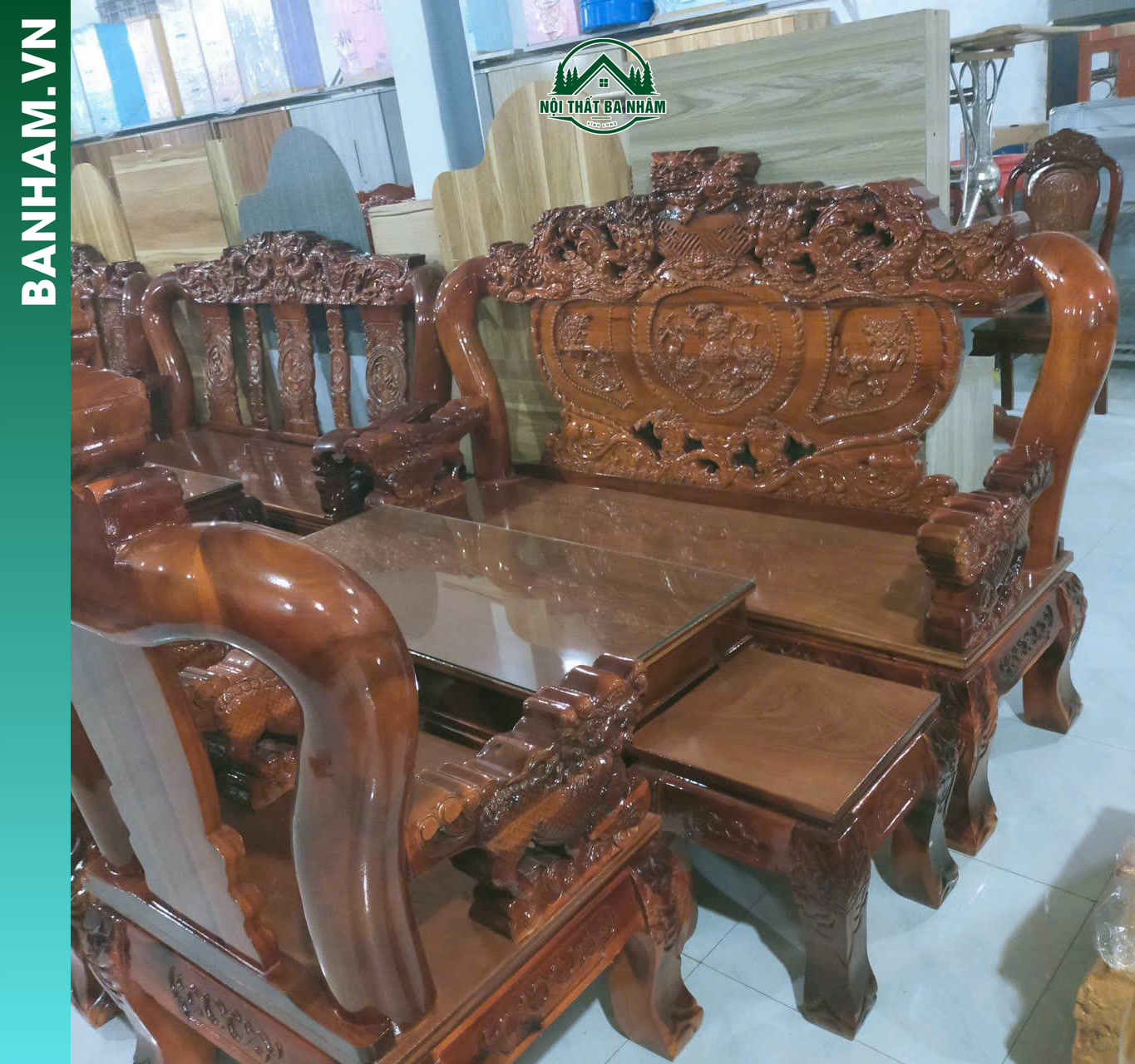 Bộ bàn ghế Salon chạm Long – Lân gỗ tự nhiên