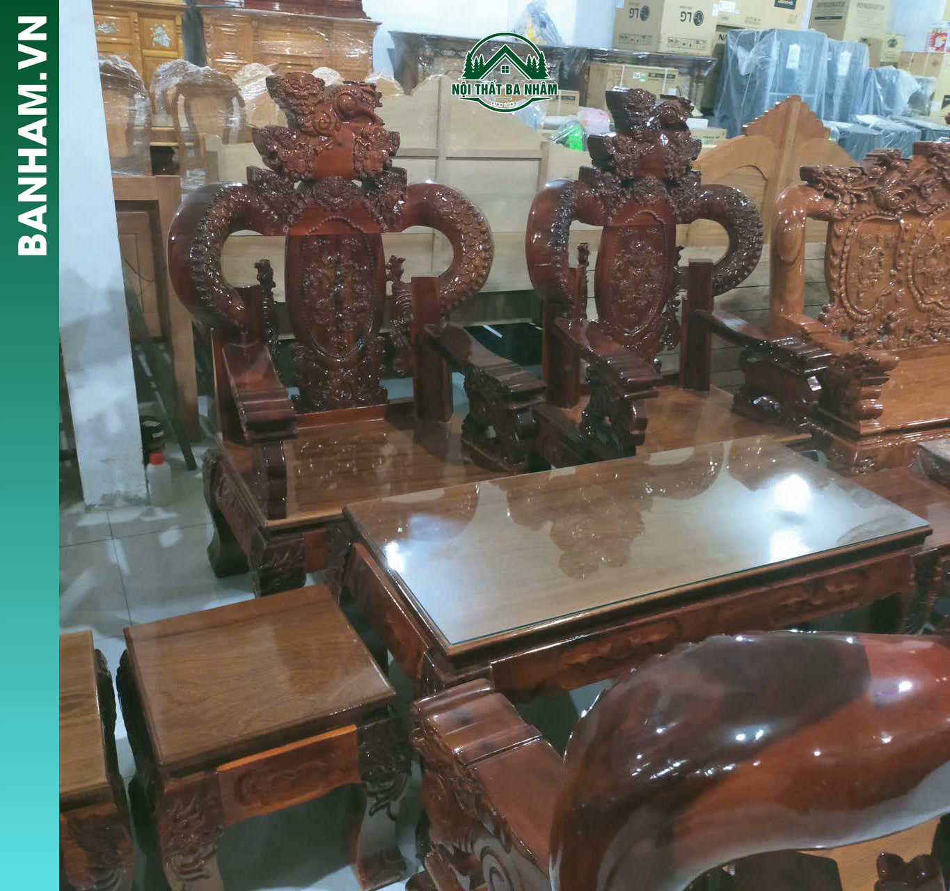 Bộ bàn ghế Salon Nghê chạm nổi gỗ tự nhiên