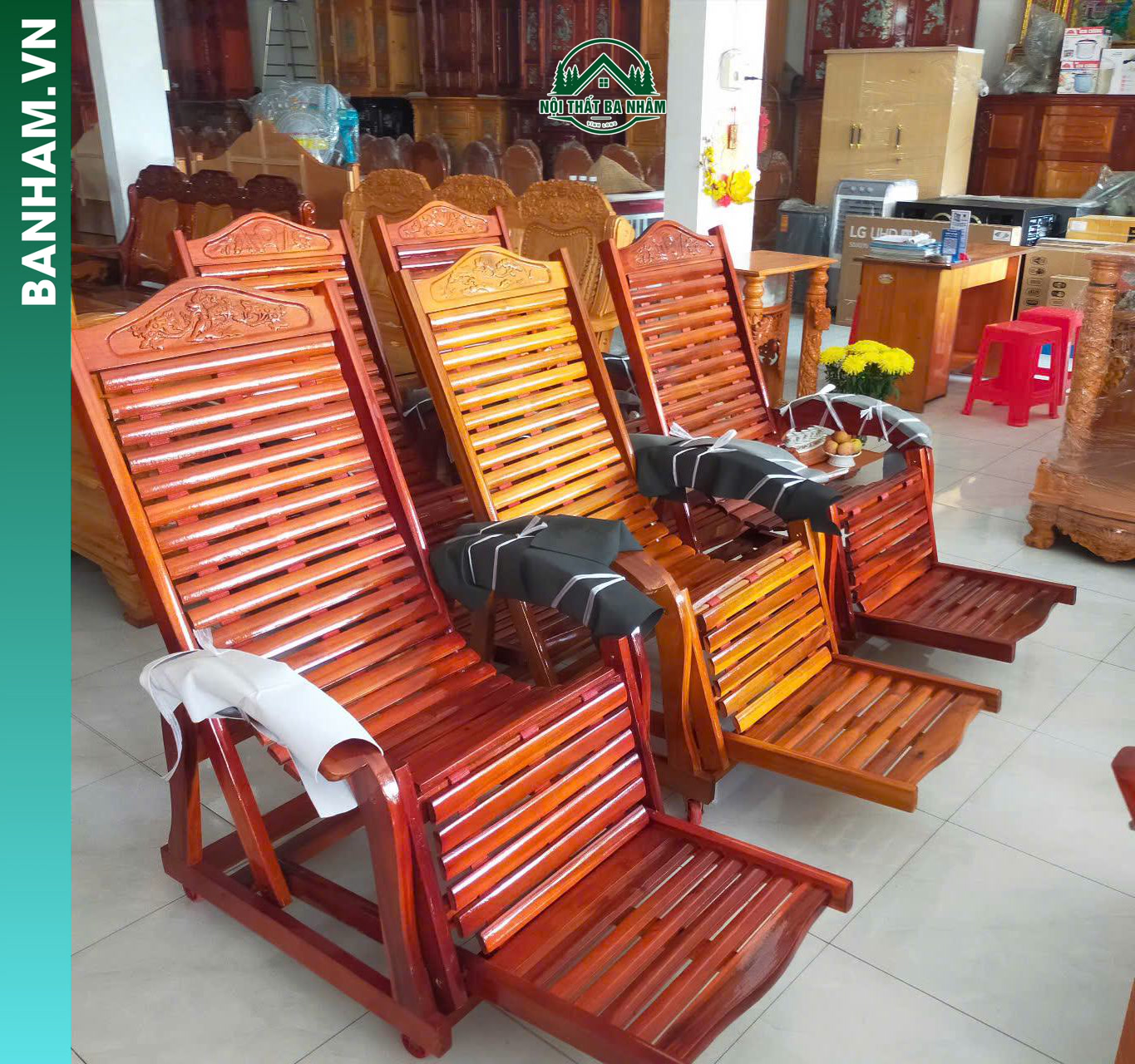 Ghế thư giãn gỗ tự nhiên ngả lưng kéo chân