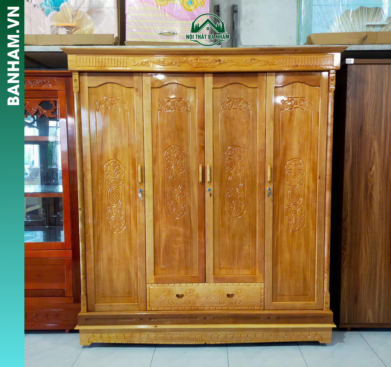 Tủ quần áo gỗ 4 cánh chạm hoa văn